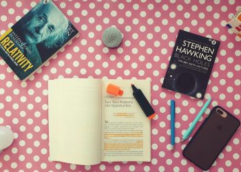 Flat lay of books, stationery, and gadgets on a polka dot desk for a vibrant study setup.