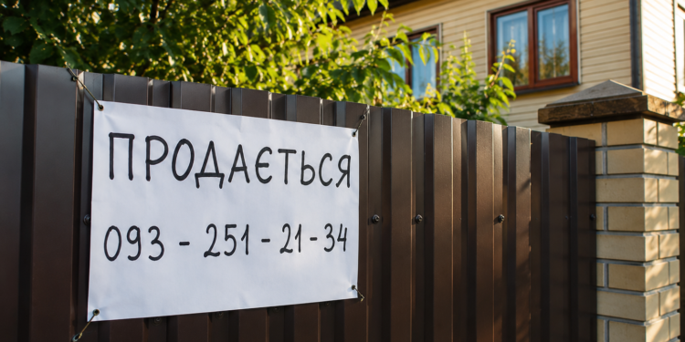 Табличка "Продається" на паркані приватного будинку