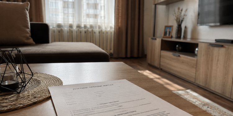Договір оренди на столі в затишній вітальні орендованої квартири