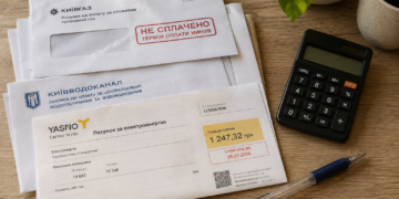 Стос квитанцій за комунальні послуги з простроченим платежем на кухонному столі