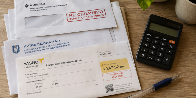 Стос квитанцій за комунальні послуги з простроченим платежем на кухонному столі